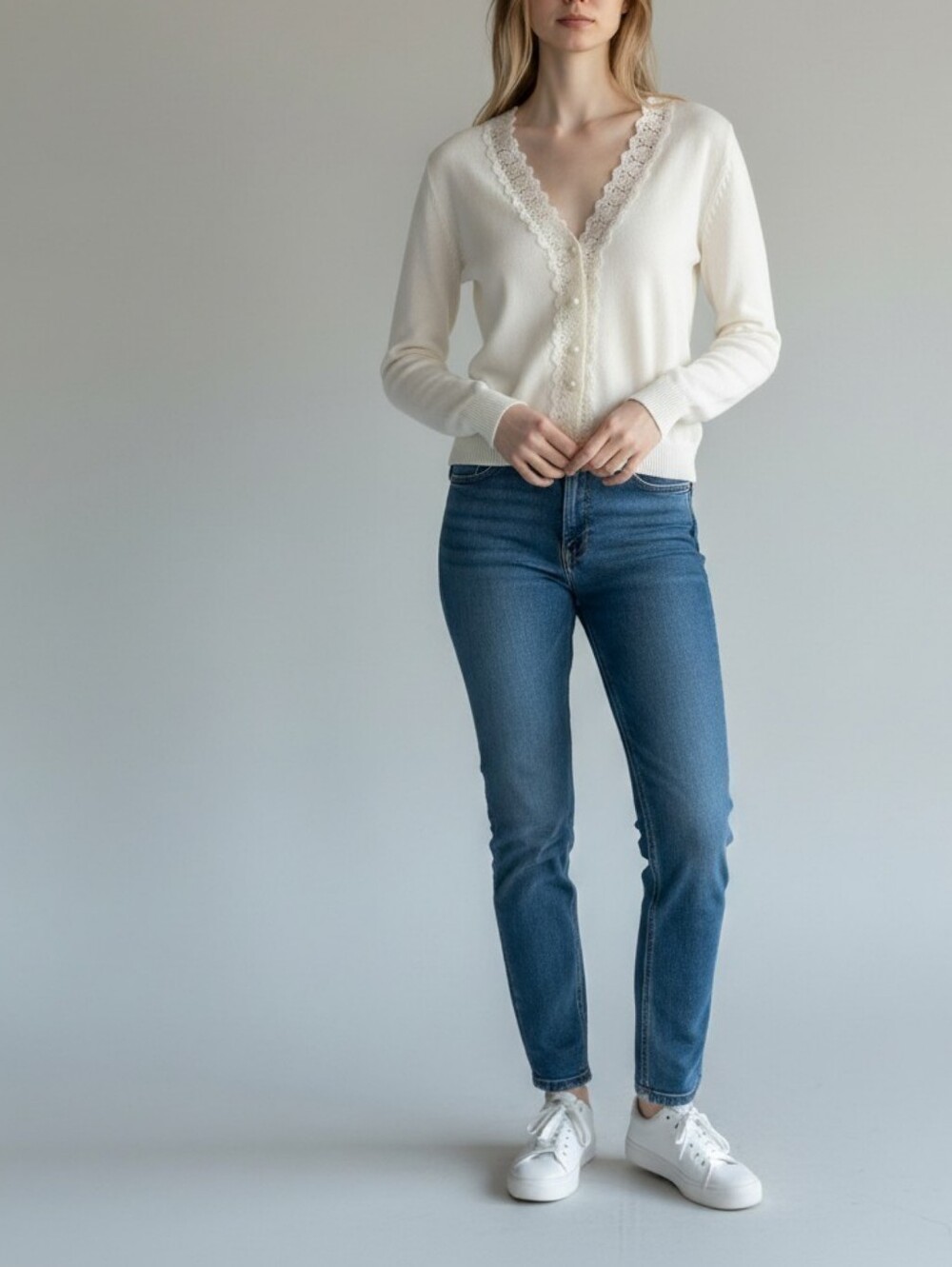 LOFT Lace-Trim V-Neck Cardigan Womens L White Fairy Romantic Feminine Retro 90s